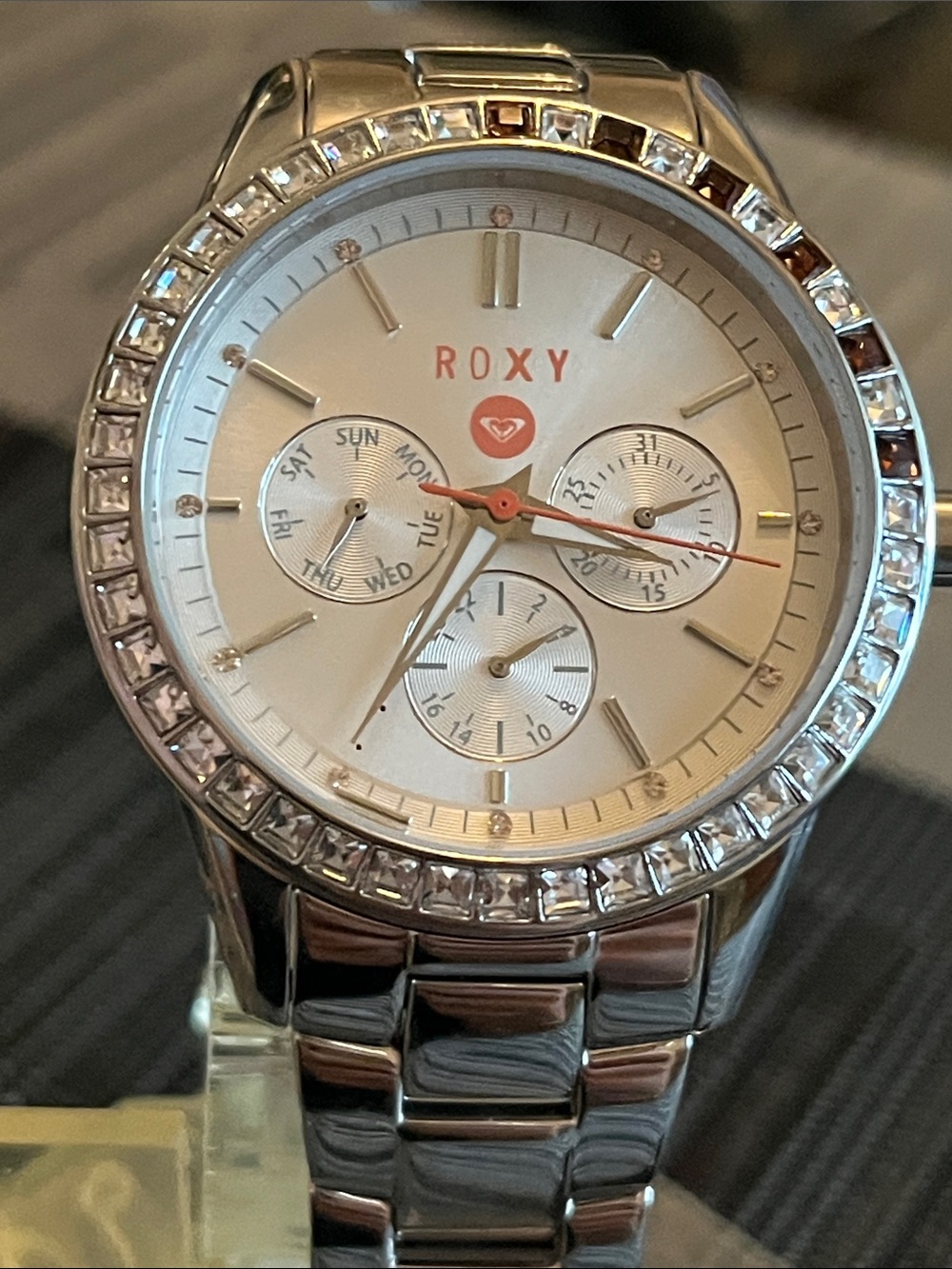 Roxy Silver Tone Crystal Bezel Women's Watch with Subdials